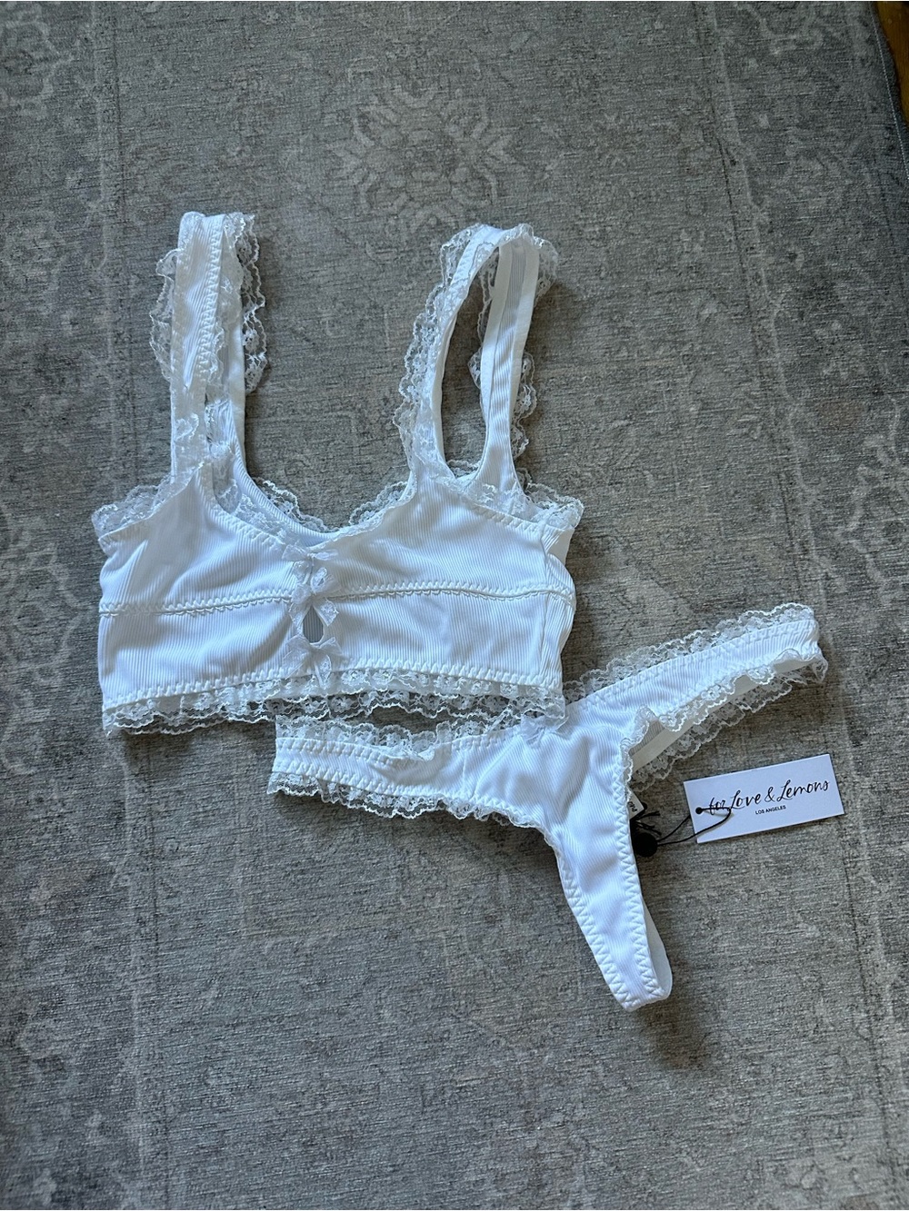 For Love And Lemons White Lace Ribbed Bralette & Thong Set